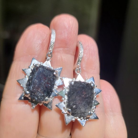 Rutilated quartz sterling SUNburst earrings - Picture 7 of 8